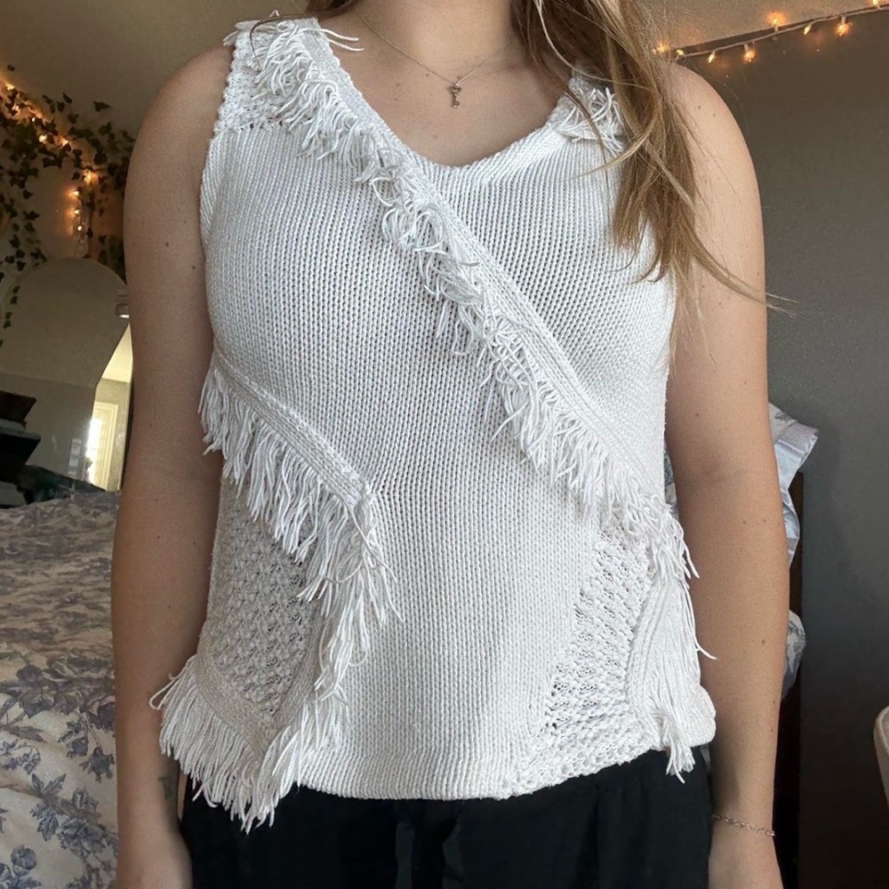 Anthropologie Cream Open-Knit Fringe Trim Tank